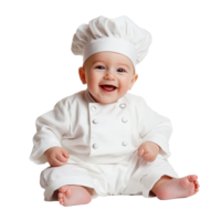 Adorable baby boy dressed in a chef s outfit sitting happily on a transparent background, Baby Boy in Chef s Outfit on transparent background png