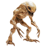 Alien creature with distinct features stands isolated against a plain transparent background and showcases an eerie appearance, Alien isolated on transparent background png