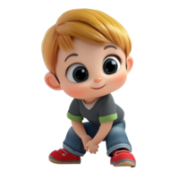 A cheerful little child with blonde hair smiles while crouching in a playful posture on a plain transparent background, 3d cartoon of little child isolated on transparent background png
