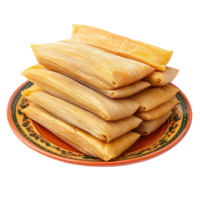 Stacked tamales on a colorful traditional Mexican plate in a vibrant kitchen setting, a stack of tamale on traditional mexican plate isolated on transparent background png
