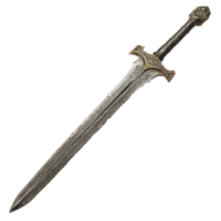 Ancient metal sword featuring intricate designs displayed against a transparent background, Ancient Metal Sword with Design, transparent background. png