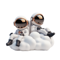 Two cartoon astronauts enjoy a relaxing moment while sitting on fluffy clouds during, 3D Cartoon Astronauts Relaxing on Clouds on transparent background Space Exploration Rest Concept png