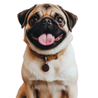 A joyful pug sitting happily on the floor with its tongue out, showcasing its playful personality, a cute pug sitting on the ground with its tongue out, transparent background. png