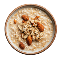 Nutty oatmeal bowl filled with oats and almonds on a transparent background for a nutritious breakfast experience, a bowl oatmeal with nuts and oats in it, transparent background png