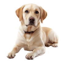 A calm Labrador Retriever resting gracefully on a transparent background in a serene indoor setting, A Labrador Retriever on transparent background png