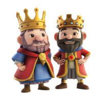 Two cartoon kings stand proudly on a transparent background, showcasing their colorful royal attire and charming expressions, 3D Cartoon Kings Characters on transparent background png