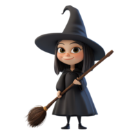 A cheerful cartoon witch character standing with a broom against a plain transparent background, 3D Cartoon Witch Characters on transparent background png