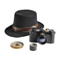 Exploring with black binoculars, a Sherlock Holmes hat, a camera, and a compass for outdoor adventures, Black binoculars, Sherlock Holmes hat, Camera and Compass Isolated on transparent background png