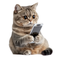 Cat curiously using a smartphone on a transparent background in a playful and engaging manner, A Cat Using a Cell Phone, transparent background. png
