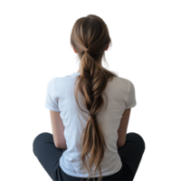 Woman with a ponytail sitting cross legged against a plain wall in a calm and serene atmosphere, Back View Woman Sitting with Ponytail on transparent background png