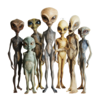 A group of extraterrestrial beings standing together in a cosmic setting, exploring their alien forms and features, A group extraterrestrial beings standing together, transparent background. png