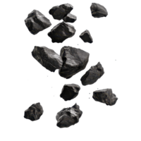 Black rocks levitate and fall in a dynamic display against a transparent background, black rocks falling levitating flying, isolated on transparent background png