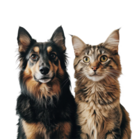 A playful dog and a curious cat sit together against a transparent background, showcasing their friendship and charm, A dog and a cat posing together for a picture, transparent background. png