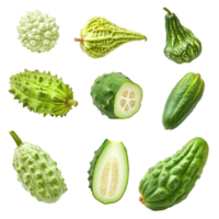 Variety of green bitter cucumbers and balsam pears on a transparent background highlighting their unique shapes, balsam apple, balsam pear, bitter cucumber, bitter gourd, bitter melon png