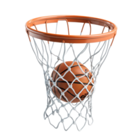 A basketball successfully goes through the net during a thrilling game on the court in the evening, basketball going through the net with a ball in the basket, transparent background. png