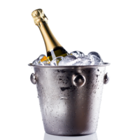 Chilled champagne bottle resting in a bucket of ice, perfect for celebrations at any gathering, A bottle of champagne in a bucket of ice Isolate png