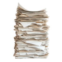 A tall stack of unread papers awaits review in a minimalistic, well lit workspace, A Tower Unread Papers Ready to Be Discovered, transparent background. png