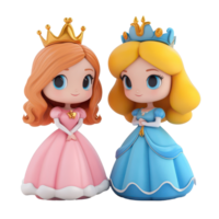 Two cartoon princess characters with crowns on a transparent background showcasing charm and whimsy, 3D Cartoon Princess Characters on transparent background png