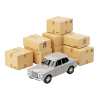 A silver vintage car parked beside stacked cargo boxes on a transparent background showcasing transportation and logistics, 3D style automobile car and cargo boxes transparent background png