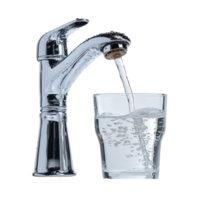 A shiny water faucet fills a clear glass with sparkling water against a bright transparent background, a water faucet and a glass water, transparent background. png