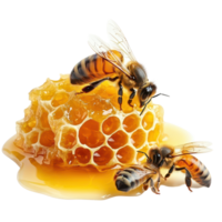 Bees collecting nectar and honeycomb with honey isolated on a transparent background, bees and their honey, isolated on transparent background png