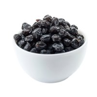 A bowl of dried black raisins isolated on a transparent background showcasing their glossy texture and rich color, Black raisin on bowlisolated on transparent background png