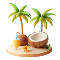 Enjoy a relaxing tropical setting with coconut drink and palm trees on a sunny beach, 3D Cartoon Tropical Relaxation Scene with Coconut Drink On transparent background png