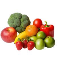 Fresh assortment of fruits and vegetables including apples, broccoli, and peppers on a transparent background, Assorted fruits and vegetables on transparent background png