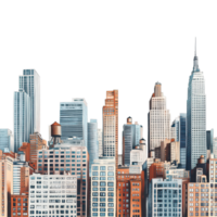 A vibrant city skyline showcasing diverse architectural styles and towering buildings during daylight hours, a city skyline with tall buildings in close proximity, transparent background. png