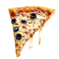 Delicious slice of pizza with stretchy cheese and black olives on a transparent background, a slice of pizza with stretchy cheeseisolated transparent background png