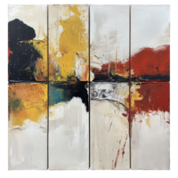 A vibrant four panel abstract painting featuring dynamic colors and textures, showcasing, Abstract Art Piece A Four Panel Painting with Distinct Colors and Textures, transparent background. png