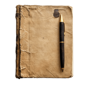 logoro anziano taccuino con un' penna riposo su un' pulito trasparente sfondo in attesa pensieri e idee, anziano logoro taccuino con penna, trasparente sfondo. png