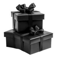 Elegant black gift boxes tied with ribbons arranged against a clean transparent background for festive occasions, Black gift boxes isolated, transparent background. png