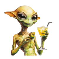 An alien creature savoring a colorful cocktail while relaxing against a clean transparent background, Alien Creature Enjoying a Cocktail On transparent background png
