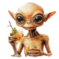 An alien creature enjoying a cocktail on a transparent background during a festive gathering, Alien Creature Enjoying a Cocktail On transparent background png