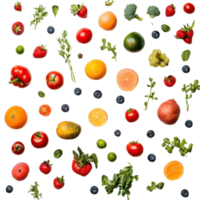 Assorted fresh fruits and vegetables arranged on a transparent background for a healthy lifestyle display, Assorted fruits and vegetables on transparent background png