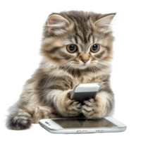 A cat curiously using a cell phone while resting on a transparent background in a playful moment, A Cat Using a Cell Phone, transparent background. png