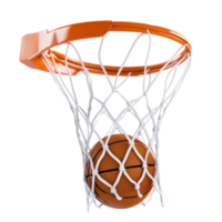 A basketball swishes through the net during a scoring play on the court in bright daylight, basketball going through the net with a ball in the basket, transparent background. png