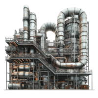 A large industrial factory filled with complex piping and tubes during daytime, a huge factory with many pipes and tubes in it, transparent background. png