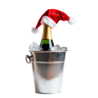 A festive champagne bottle dressed in a Santa Claus hat sitting in an ice bucket ready, A bottle of champagne with a red Santa Claus cap in an ice bucket Isolate on transparent background png