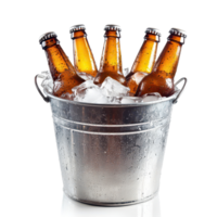 Chilled beer bottles in a metal bucket filled with ice against a transparent background perfect for parties, A bucket beer bottles with ice, transparent background. png