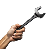 A black hand grips a wrench firmly against a transparent background for repairing tasks or mechanical work, Black Hand Holding Wrench on transparent background png