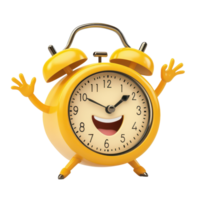 Cheerful cartoon alarm clock character with arms waving, isolated on a bright transparent background, expressing happiness, Alarm clock cartoon character isolated on transparent background png