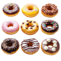 A delightful assortment of donuts with colorful toppings displayed on a transparent background, Assorted Donuts with Various Toppings on transparent background png