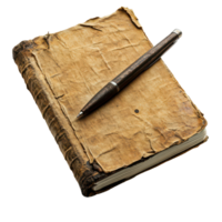Worn notebook with a pen on a transparent background, ideal for capturing ideas and thoughts, Aged Worn Notebook with Pen, transparent background. png