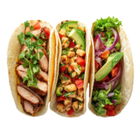 Delicious beef, chicken, and vegetarian tacos served on a transparent background, perfect for meal inspiration, Beef, Chicken, and Vegetarian Tacos on transparent background png