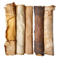 Ancient scrolls of historical parchment showcasing the aging process and unique, Ancient Scrolls, Historical Parchment Paper with Aged Texture, isolated on transparent background png