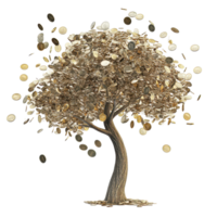 A whimsical money tree releasing coins in a creative depiction against a bright transparent background, A money tree with coins falling from it, transparent background. png