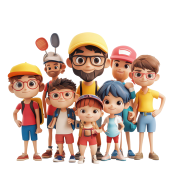 en livlig grupp av tecknad serie tecken njuter en solig dag tillsammans på en transparent bakgrund, 3d tecknad serie karaktär grupp på transparent bakgrund png