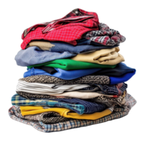 Assorted pile of folded clothes stacked on a transparent background showcasing various colors and patterns, Assorted Pile Clothes Isolated on transparent background png